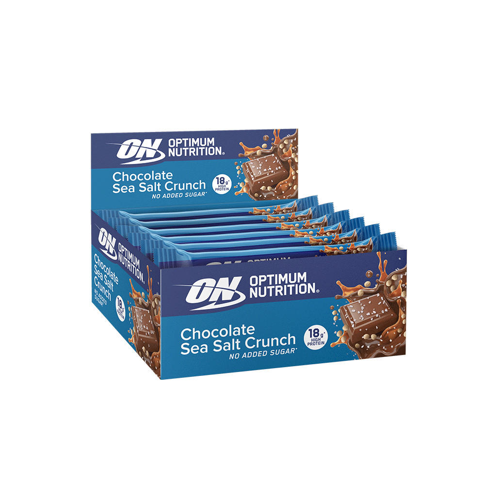 Optimum Nutrition Chocolate Sea Salt Crunch protein bars, box of 12, no added sugar
