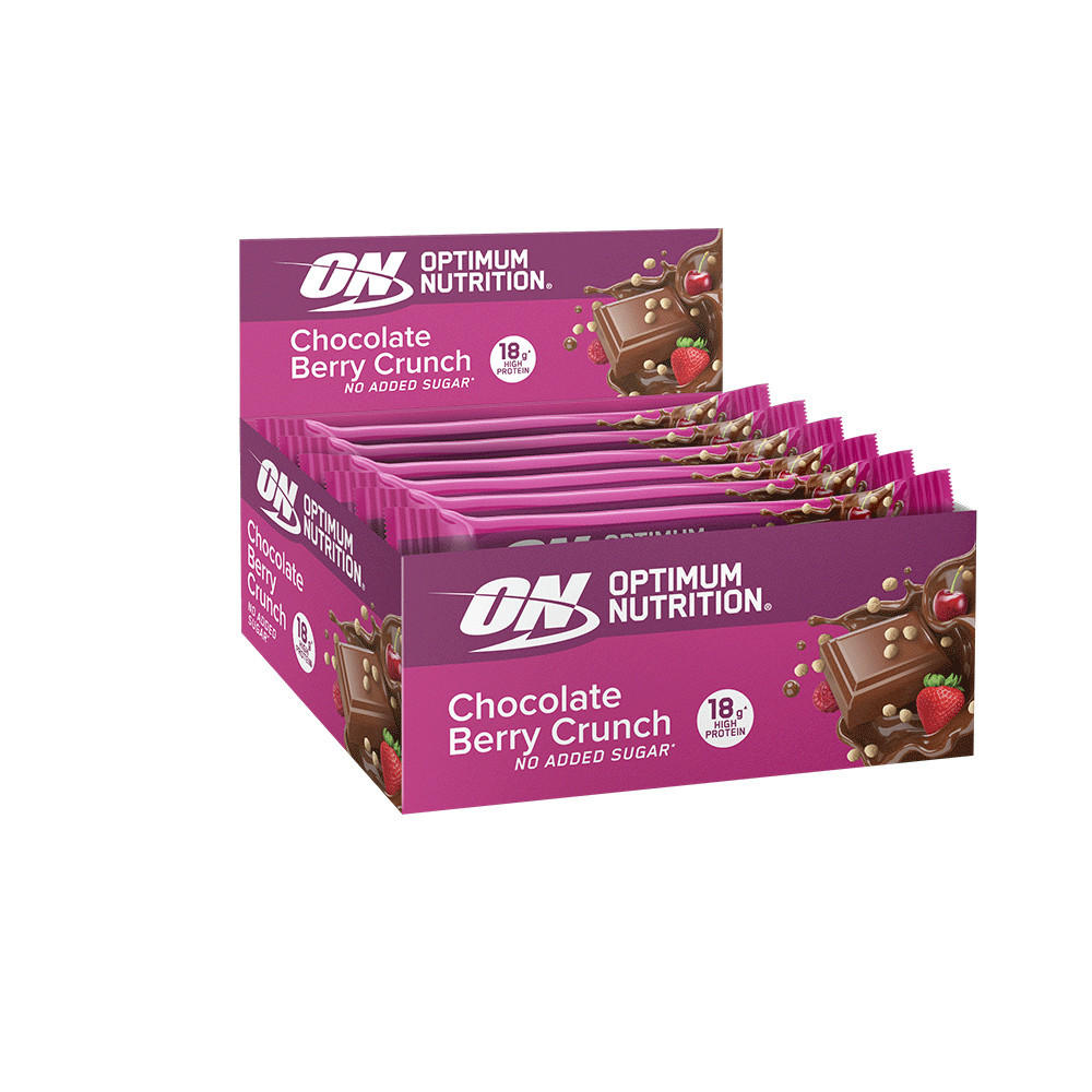 Optimum Nutrition Chocolate Berry Crunch protein bars, box of 12, 18g protein per bar, no added sugar