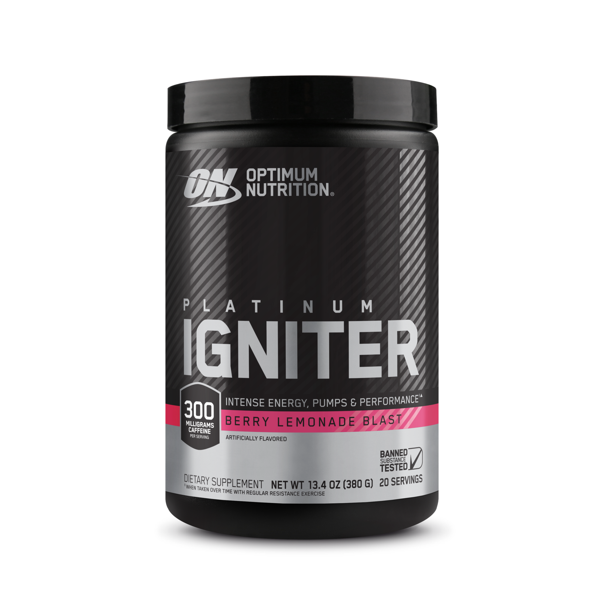 Optimum Nutrition Platinum Igniter, 380g container, Cherry Lime Punch flavor, pre-workout supplement