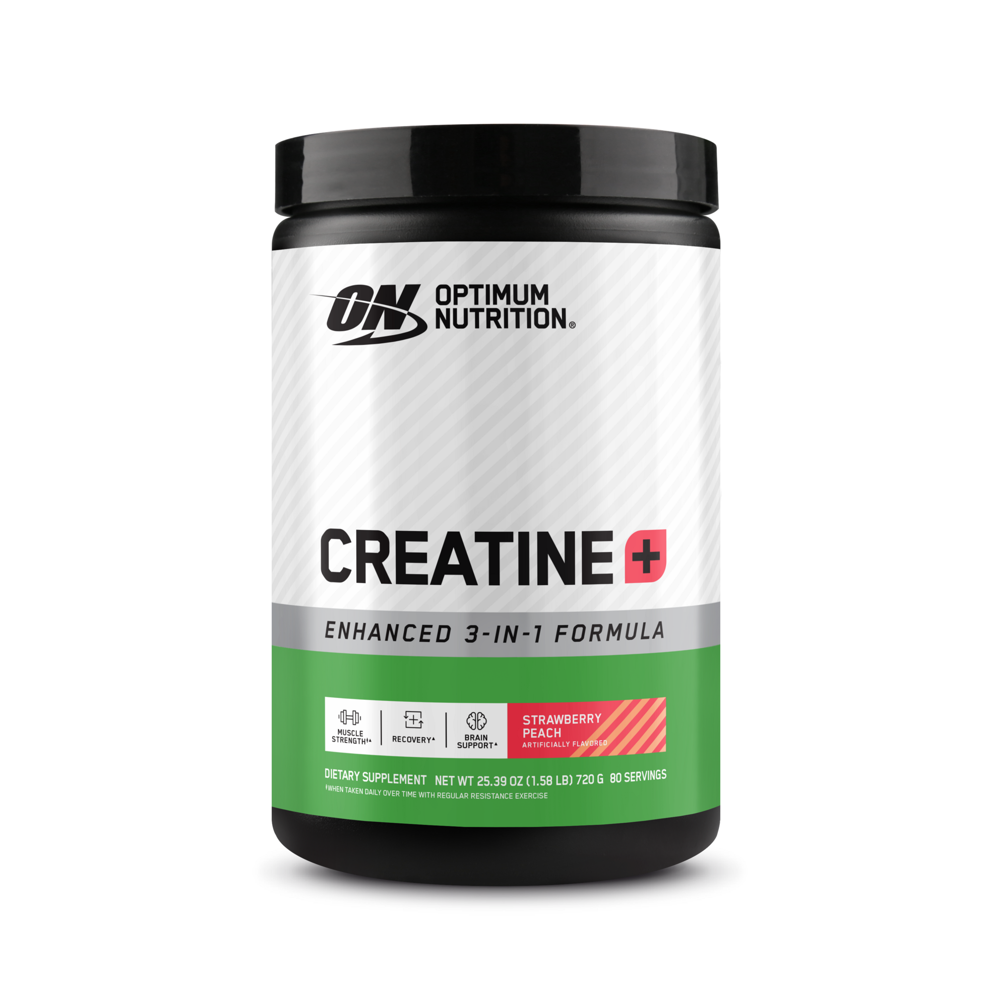 Optimum Nutrition Creatine Plus, 0.79lb container, Strawberry Peach flavor, enhanced 3-in-1 formula for strength and recovery