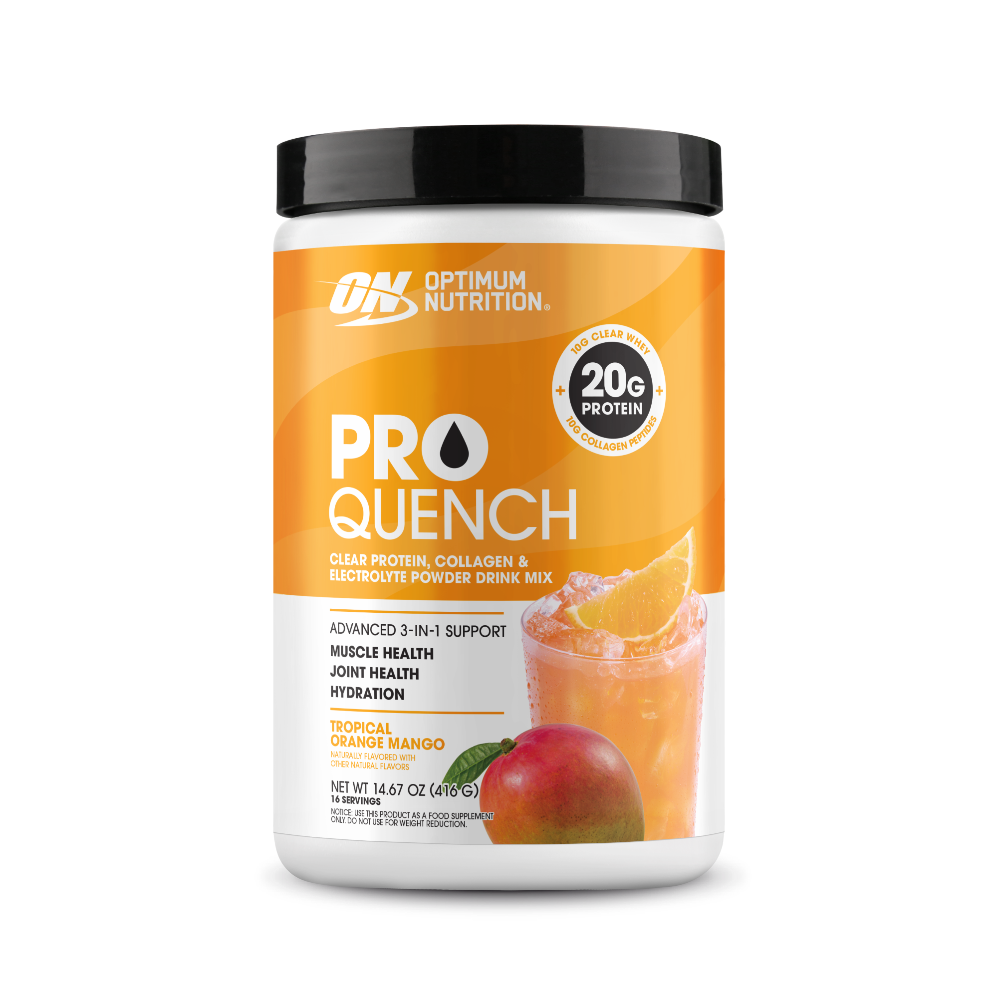 Optimum Nutrition Pro Quench, 414g container, Tropical Orange Mango flavor, protein and electrolyte powder