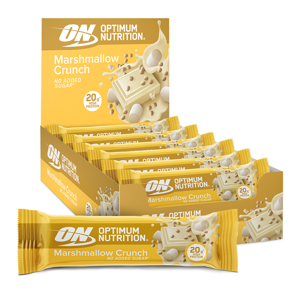 Optimum Nutrition Marshmallow Crunch protein bars, no added sugar, 20g protein per bar