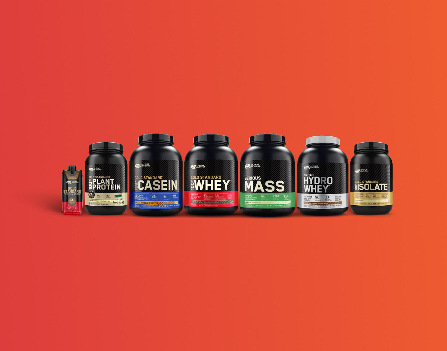 Optimum Nutrition supplement range including Gold Standard Whey, Serious Mass, Casein, Hydro Whey, and Isolate protein powders