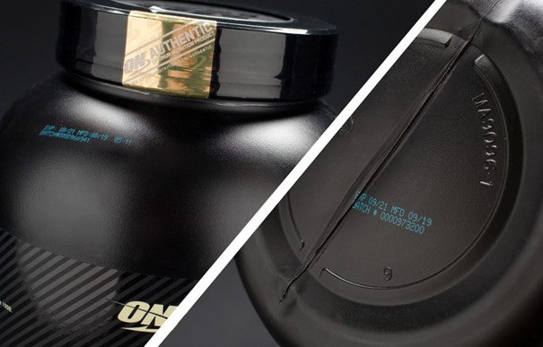 Optimum Nutrition Gold Standard 100% Whey Protein container, featuring authenticity seal and product details