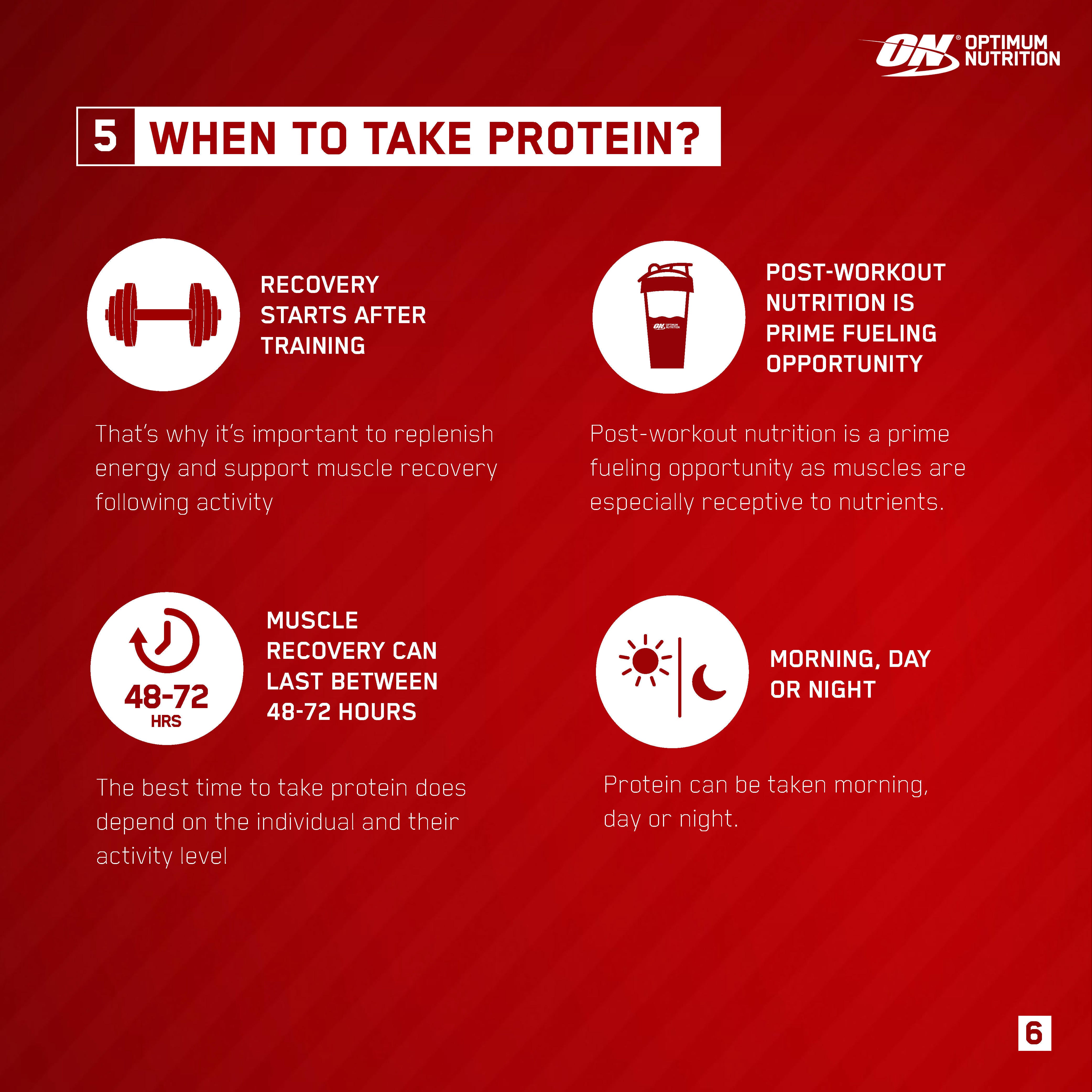 Optimum Nutrition guide on when to take protein, highlighting recovery timing and post-workout nutrition benefits