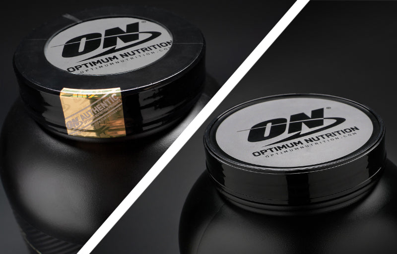 Optimum Nutrition supplement containers, featuring the ON logo on black lids