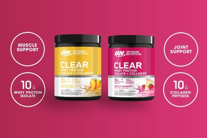 Optimum Nutrition Clear Whey Protein Isolate with Collagen, 10g protein per serving, two flavors: mango and apple cranberry