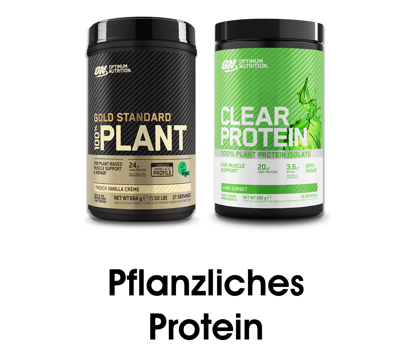 Optimum Nutrition Gold Standard 100% Plant Protein, 684g, French Vanilla Creme flavor, and Optimum Nutrition Clear Protein, 516g, Lime Sorbe