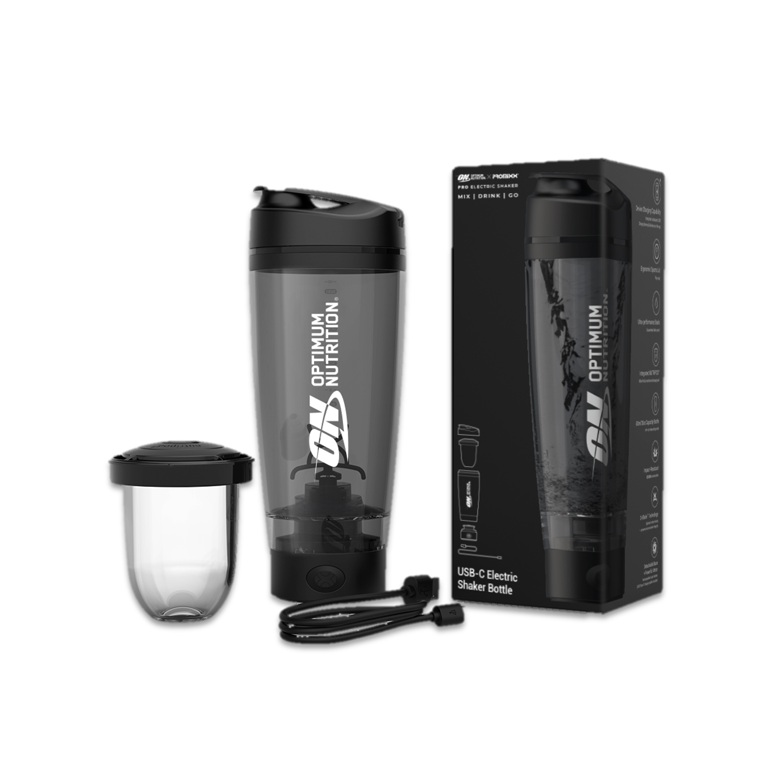Optimum Nutrition USB-C electric shaker bottle with lid and charging cable, ideal for mixing supplements