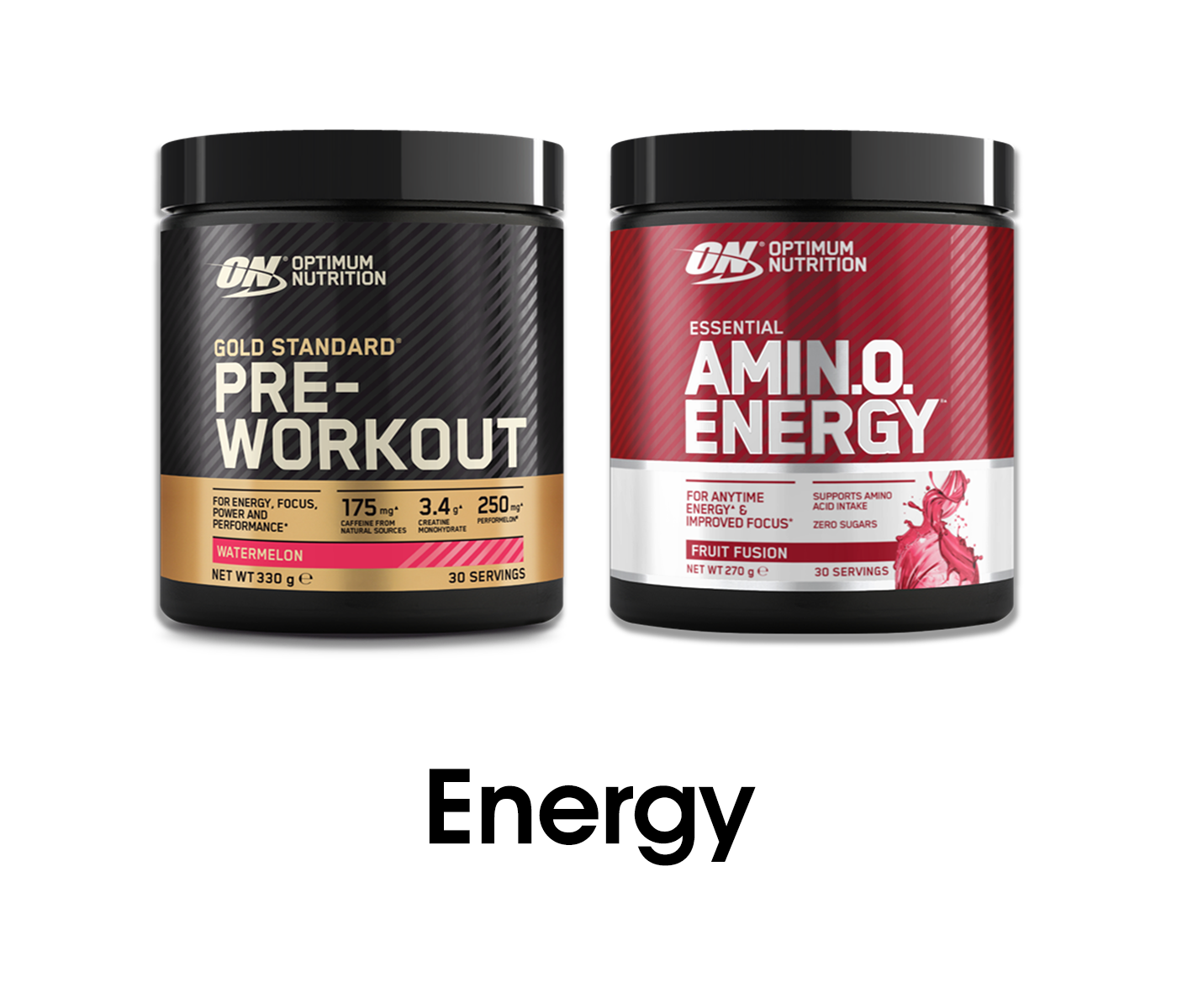 Optimum Nutrition Gold Standard Pre-Workout, 330g, and Essential Amino Energy, 270g, supplement jars