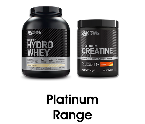 Optimum Nutrition Platinum Hydro Whey protein powder, 1.59 kg, Vanilla Bean flavor, and Platinum Creatine Plus, 350 g, Orange flavor