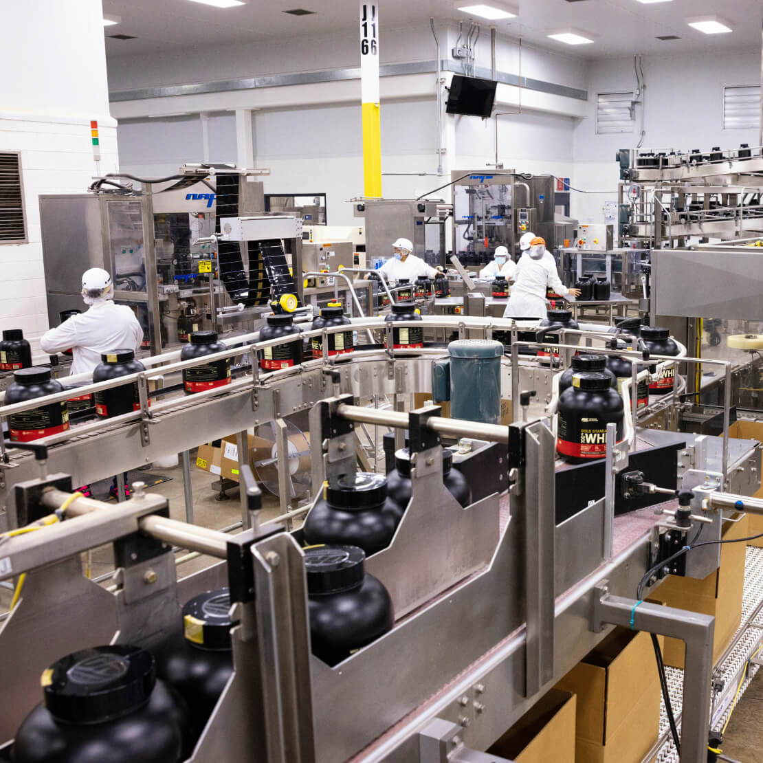 Production line with containers of Optimum Nutrition Gold Standard 100% Whey Protein being processed in a factory setting