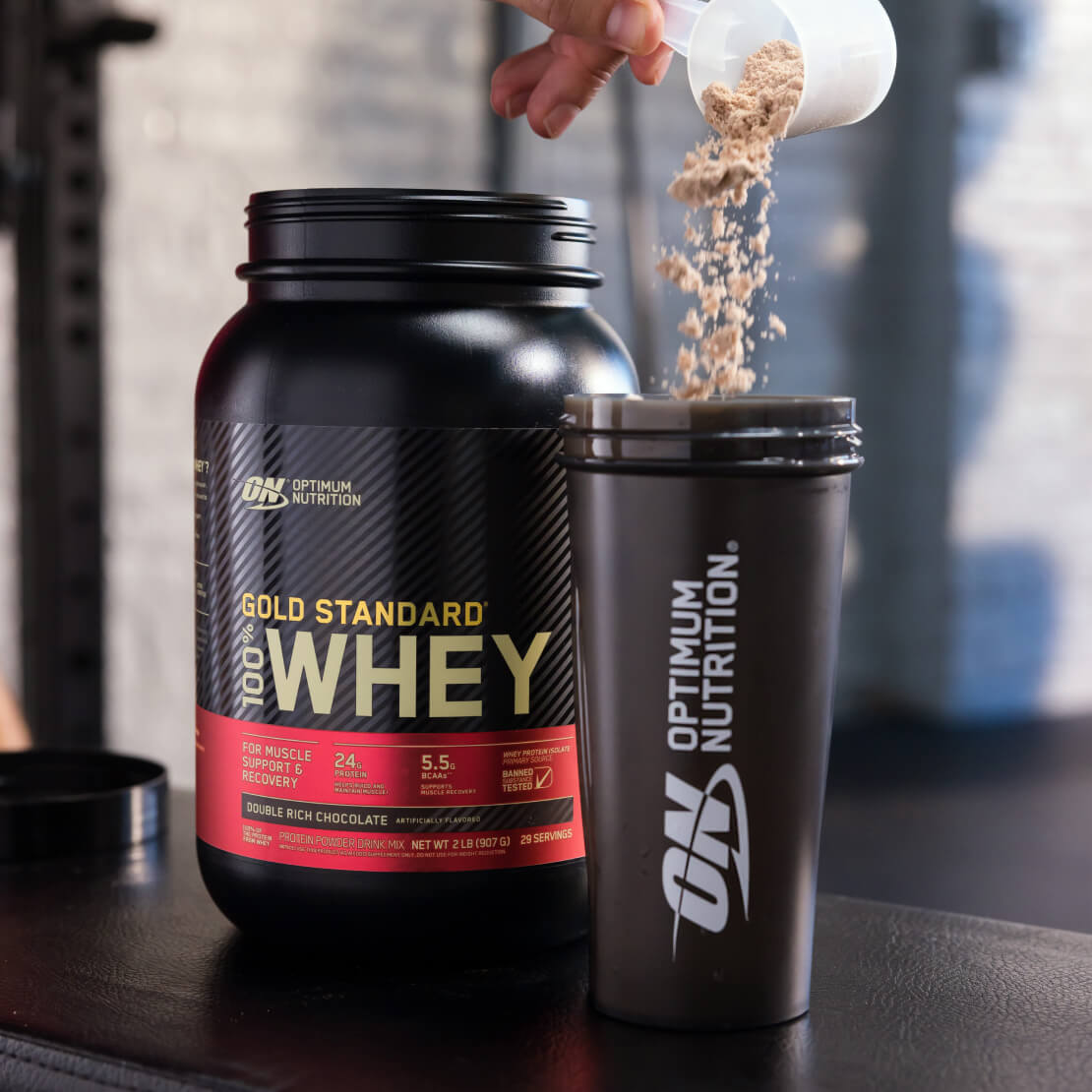 Optimum Nutrition Gold Standard 100% Whey protein powder, Double Rich Chocolate flavor, being poured into a shaker cup