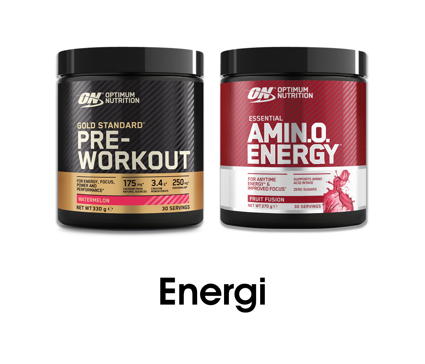 Optimum Nutrition Gold Standard Pre-Workout, 330g, and Essential Amino Energy, 270g, supplement jars