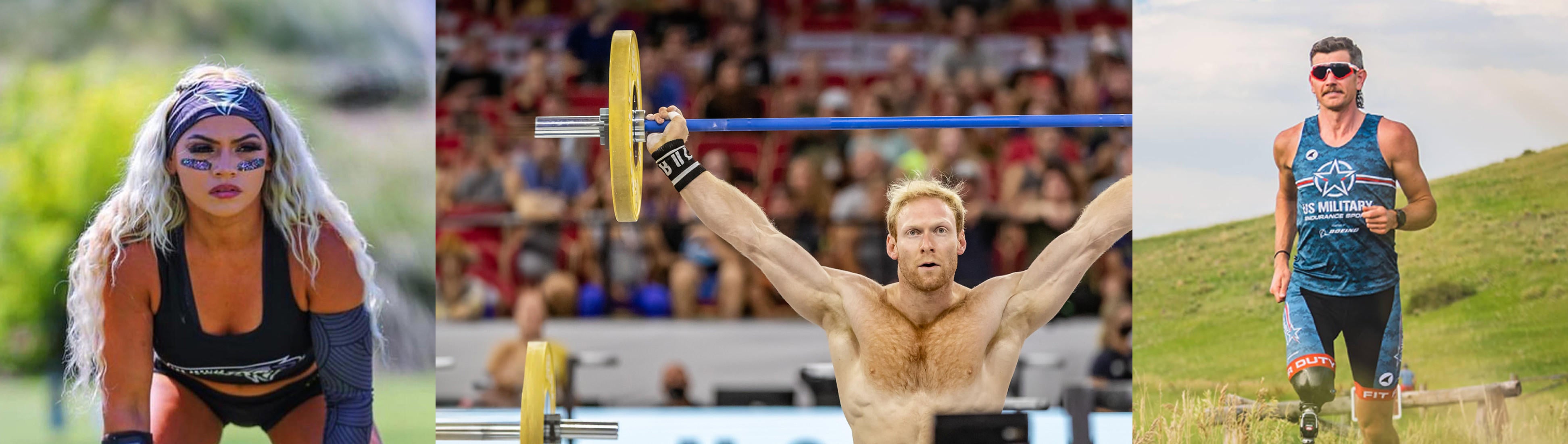 Athletes engaging in various fitness activities, including weightlifting and running, showcasing physical endurance and strength