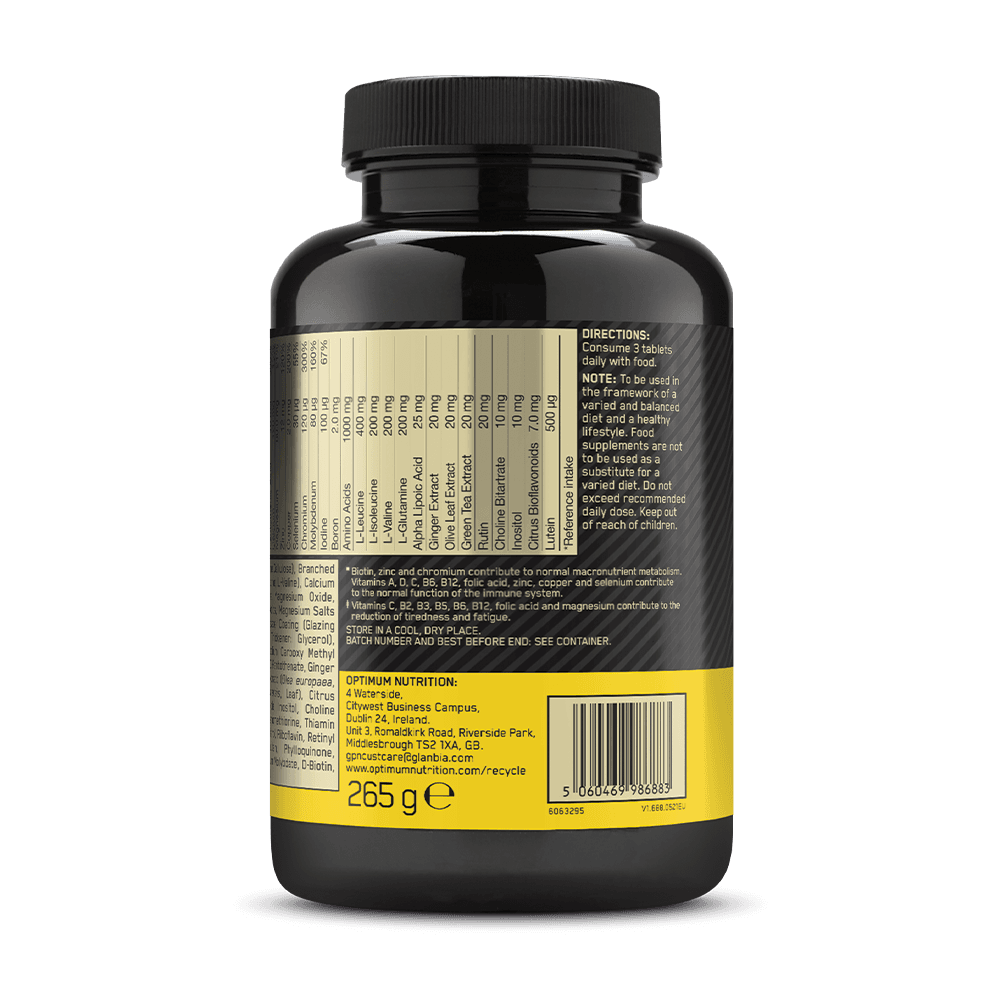 Optimum Nutrition supplement bottle, 265g, featuring nutritional information and directions on the label