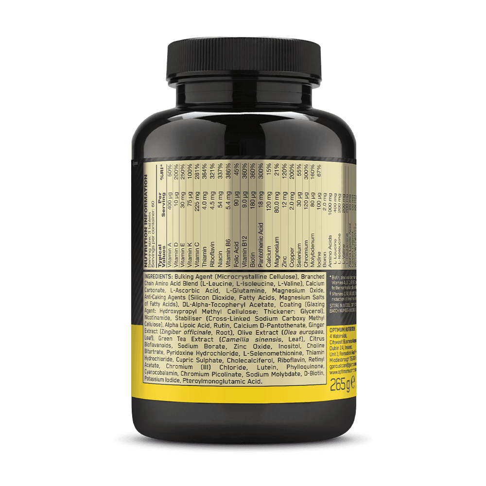 Optimum Nutrition supplement bottle, 265g, featuring nutritional information label