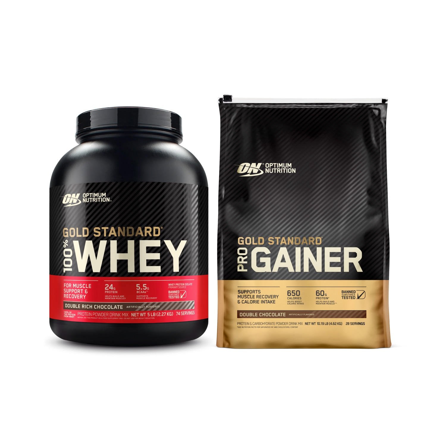 Optimum Nutrition Gold Standard 100% Whey Protein, 2.73 kg, and Pro Gainer for muscle recovery and calorie intake