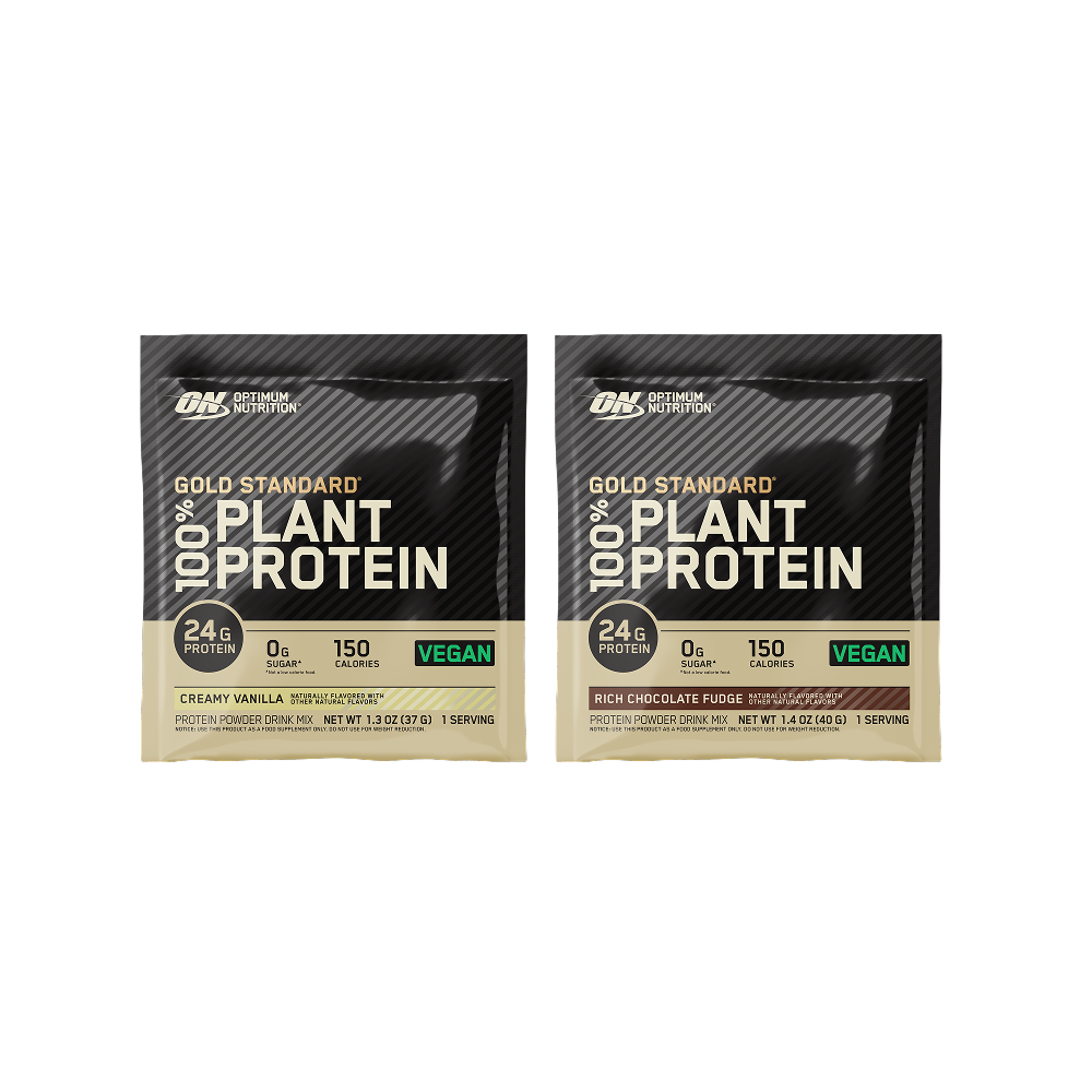 Two packages of Gold Standard Plant Protein from Optimum Nutrition on a white background.