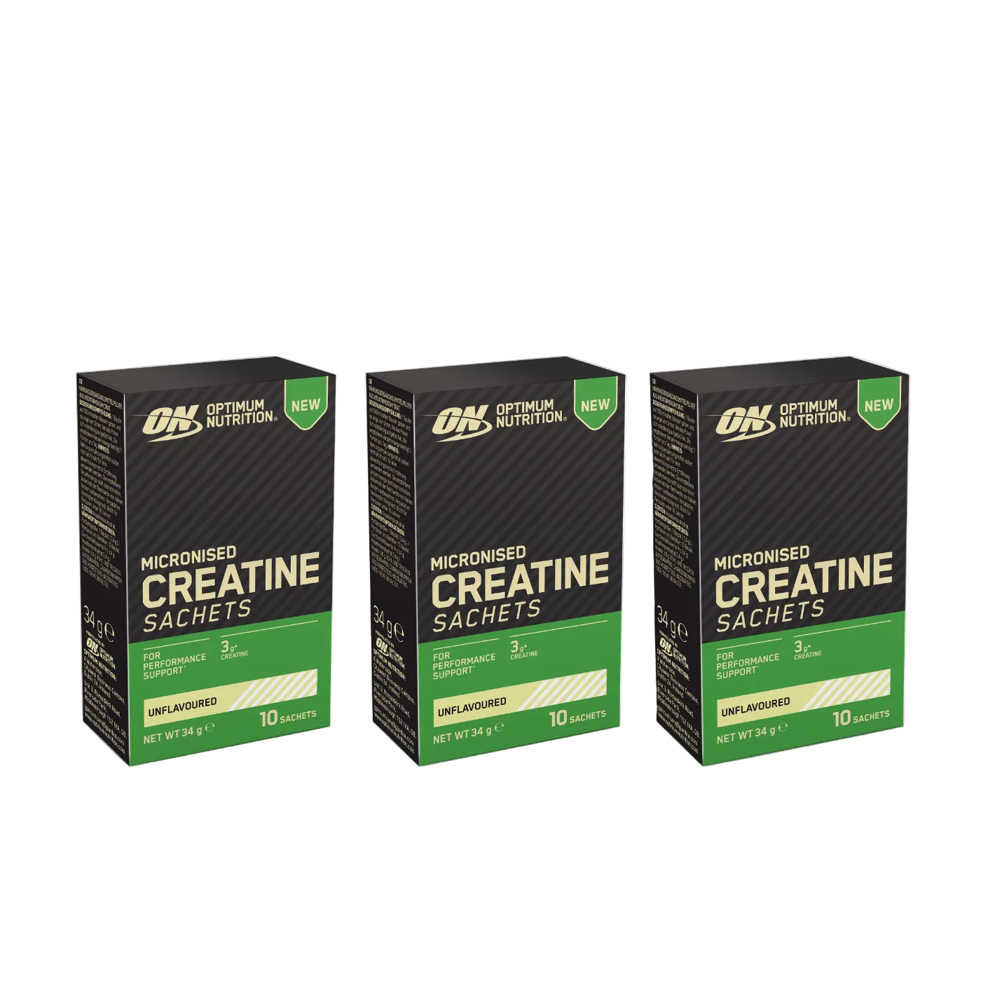 Three boxes of Optimum Nutrition Micronised Creatine Sachets on a white background
