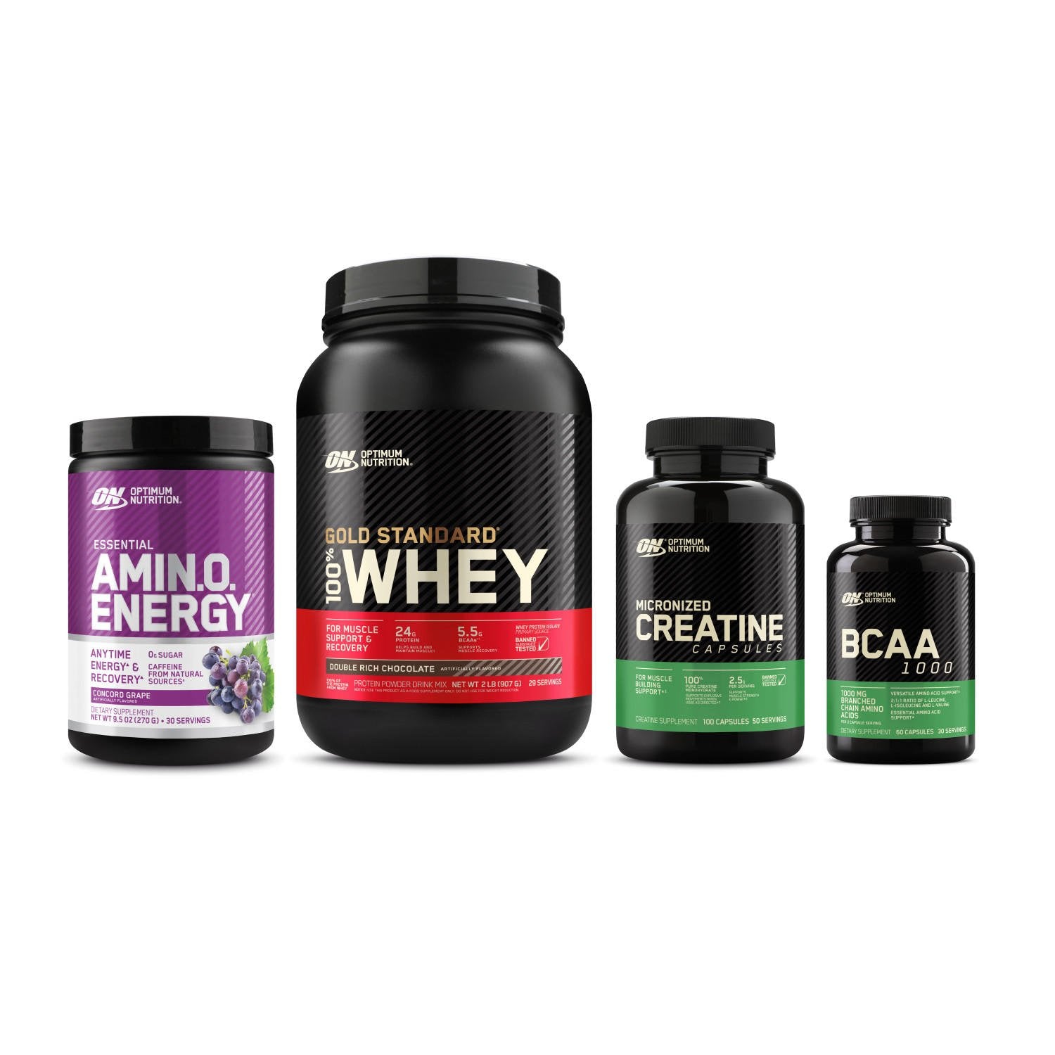 Collection of Optimum Nutrition supplements including Amino Energy, Gold Standard Whey, Creatine, and BCAA on a white background