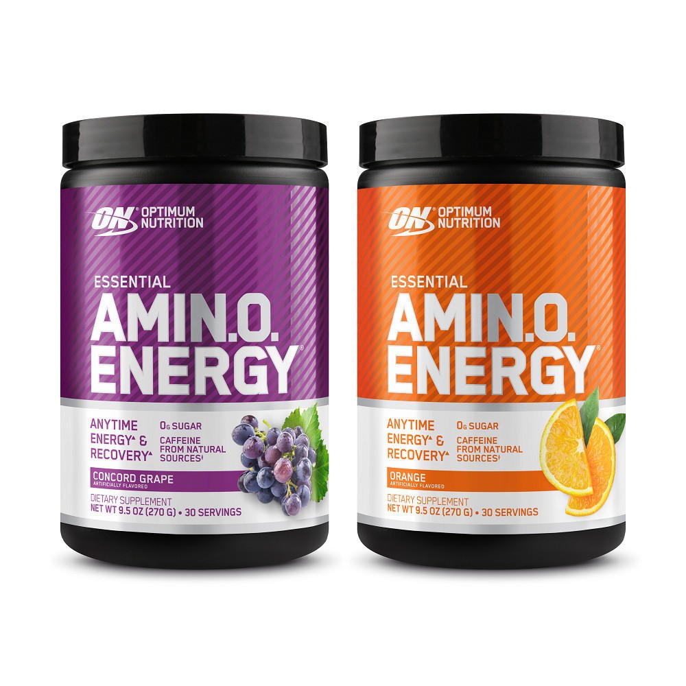 Two bottles of Optimum Nutrition Amin.O. Energy supplement, one purple and one orange, on a white background