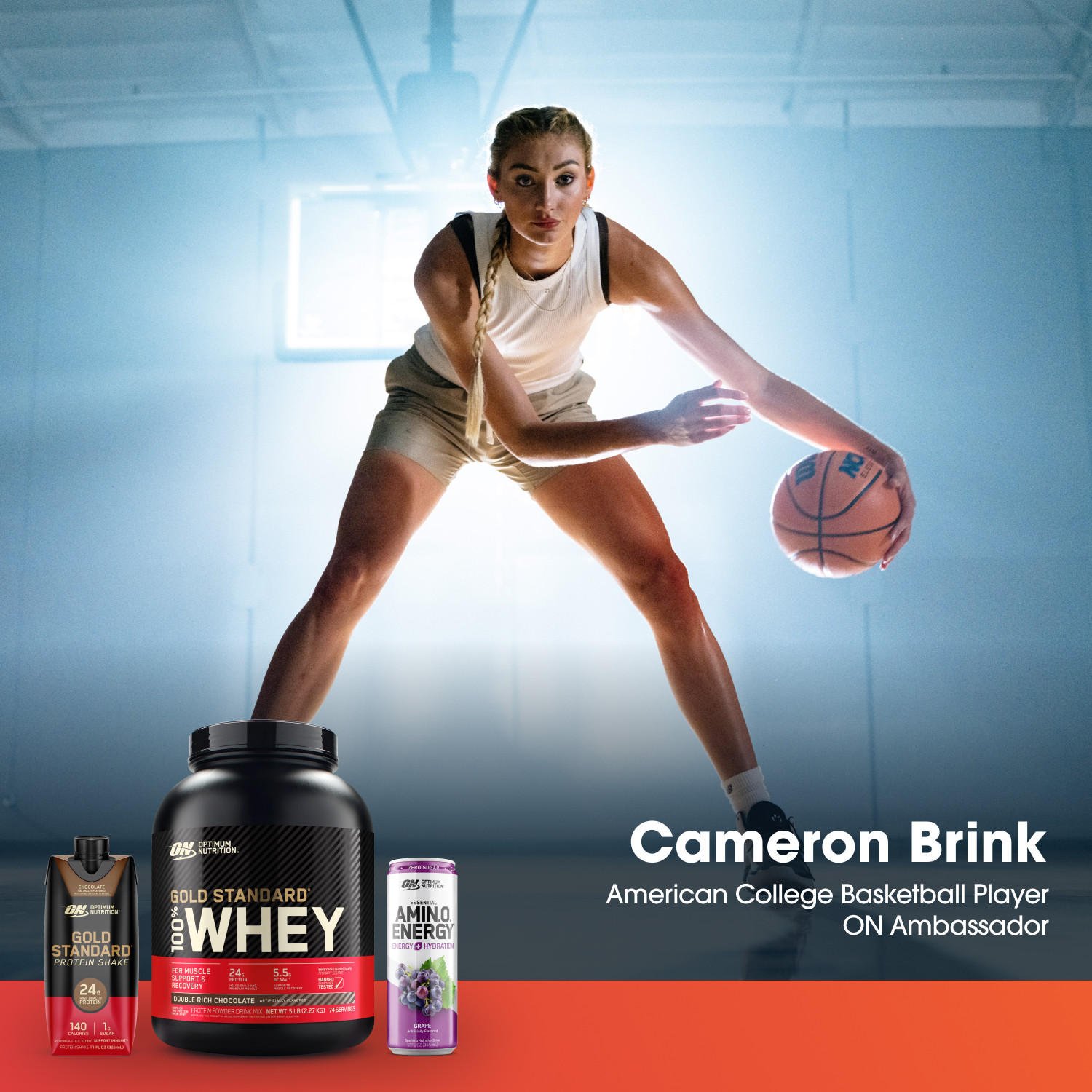 Gold Standard 100% Whey protein powder, Amino Energy drink can, and Gold Standard Casein protein supplement