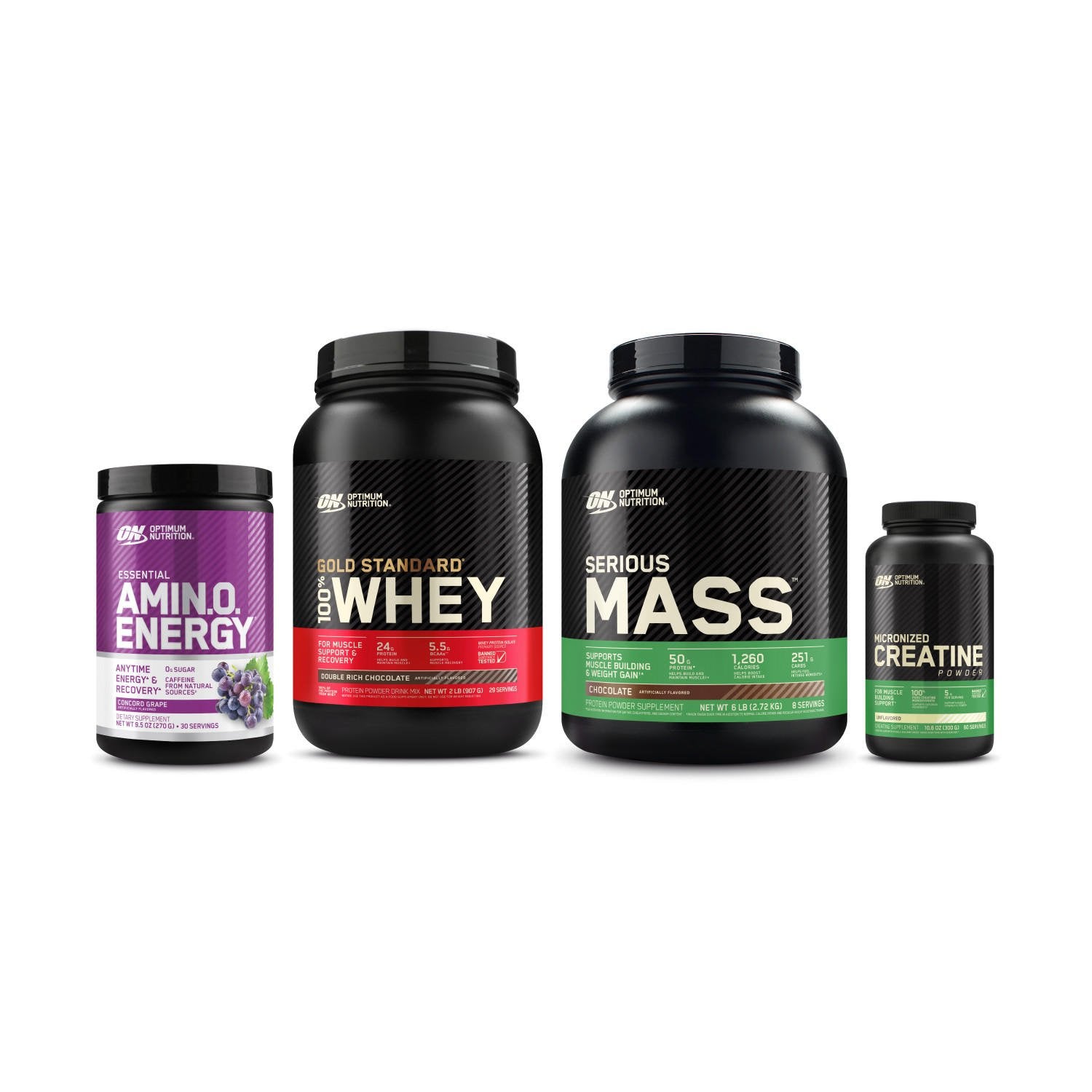 Optimum Nutrition supplement set including Gold Standard 100% Whey Protein, Serious Mass Weight Gainer, Essential Amino Energy, and Micronis