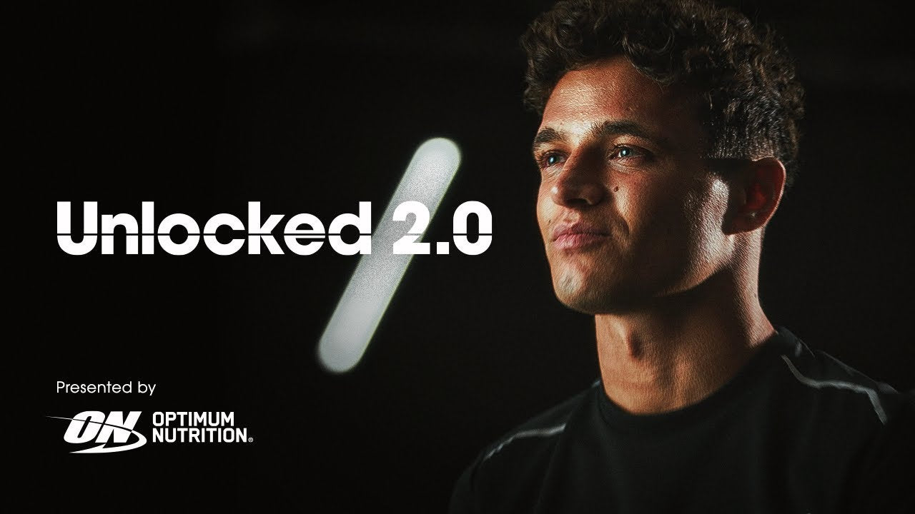 Optimum Nutrition promotional image with the text "Unlocked 2.0" and a person in a dark setting