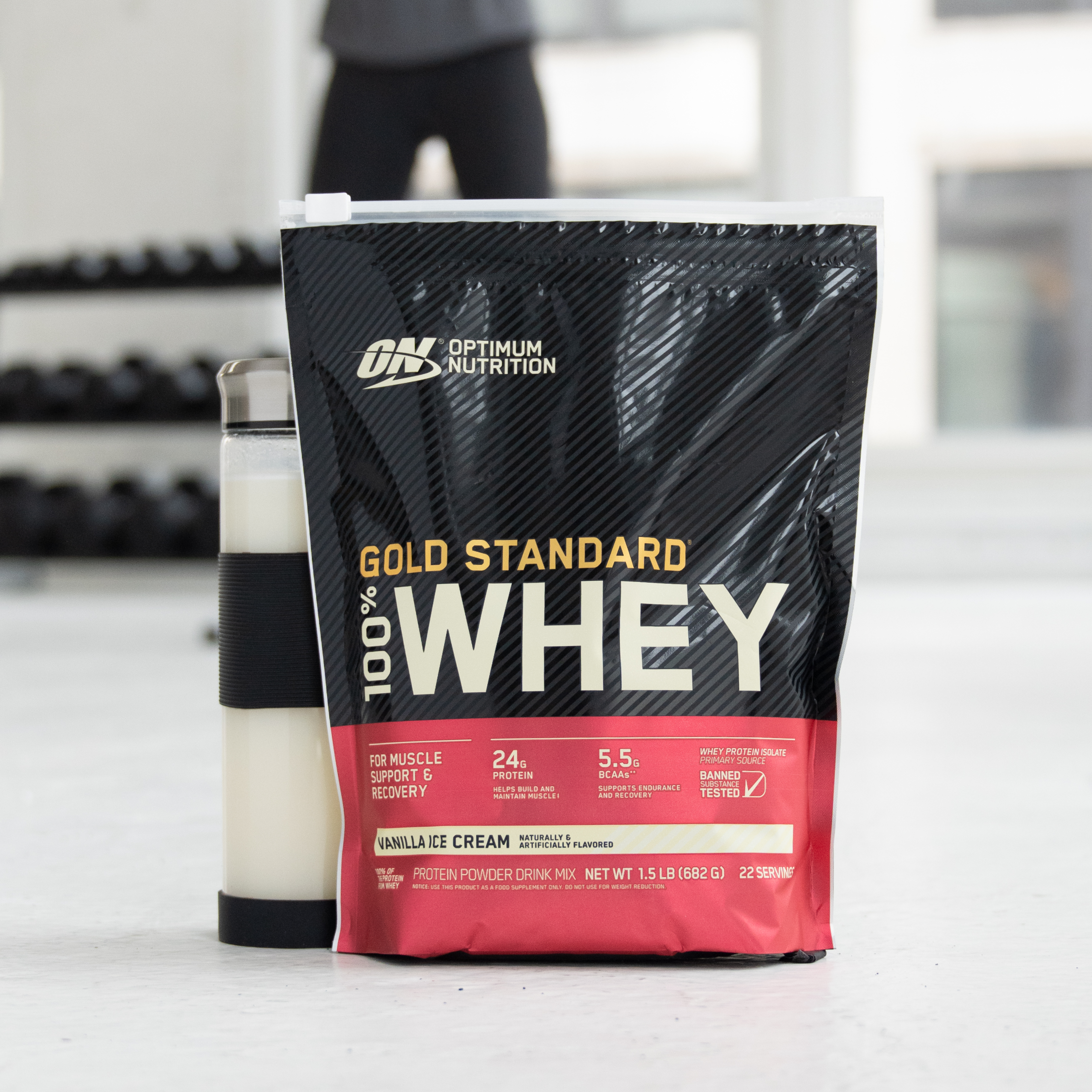 pouch of gold standard 100% whey with shaker