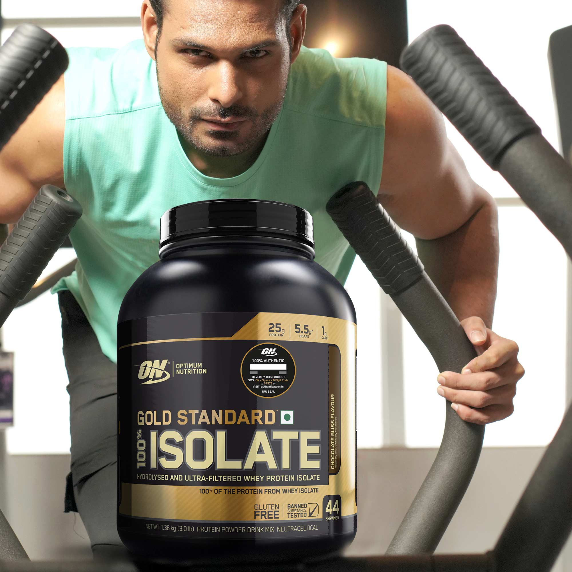 man with tub of optimum nutrition gold standard 100% isolate